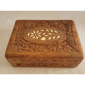 Vintage Hand Carved Wooden Jewelry Trinket Box Floral Inlay Keepsake Decor